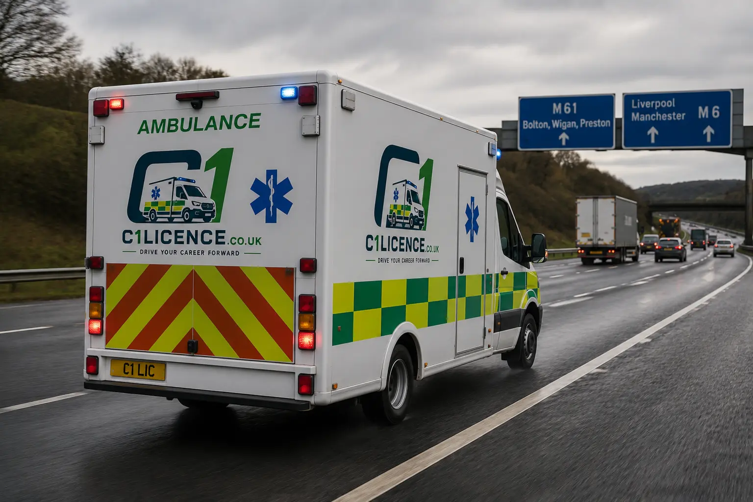 Emergency ambulance on the road for C1 ambulance driver training Emergency ambulance on the road for C1 ambulance driver training