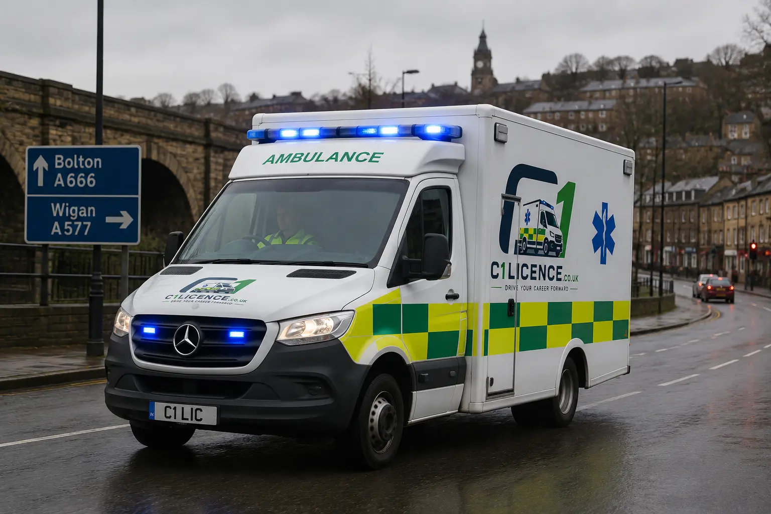 C1 training ambulance on the road near Chorley